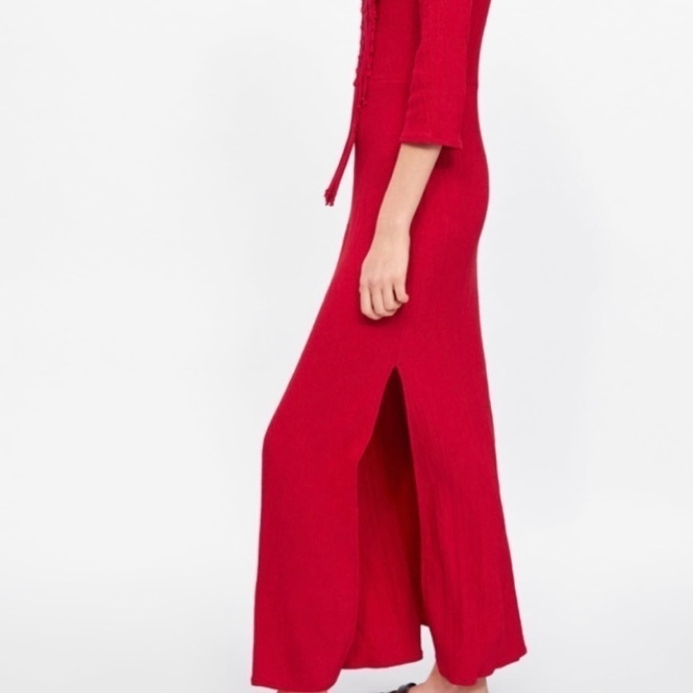 ZARA Women's Red Crochet Knotted Bib Maxi Dress 3/4 Sleeve Sz S - Picture 10 of 10